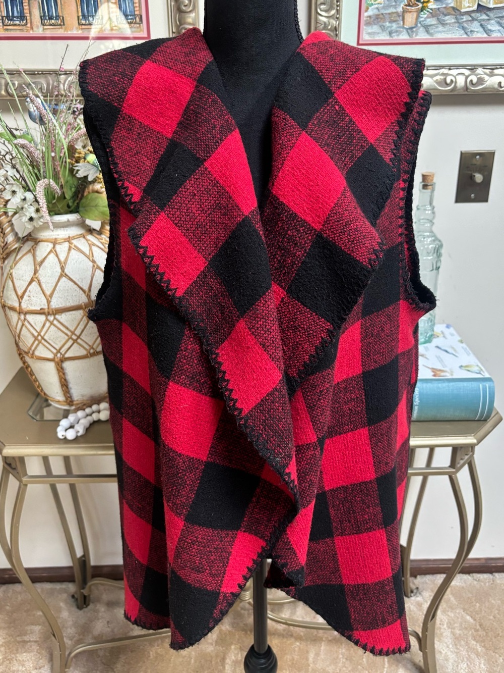 Mud Pie Red & Black Buffalo Check Plaid Shawl Collar Vest